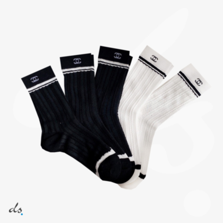CHANEL ONE BOX AND FIVE PAIRS HIGH LENGTH SOCKS BLACK AND WHITE